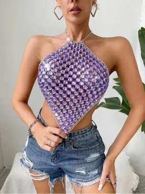 2024 Purple Metal Chain Halter Rave Tank Top