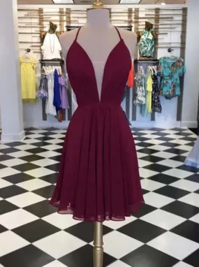 Chiffon Burgundy Short Prom Dress, Lace-up Graduation Homecoming Dress OM439