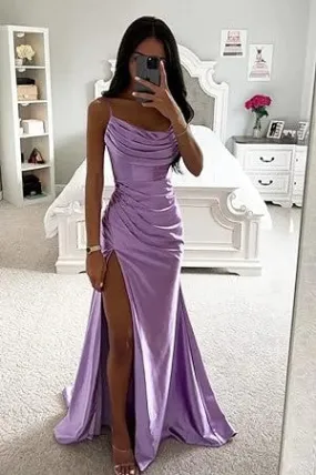 Cowl Neck Pleated A-Line Formal Prom Dress with Slit