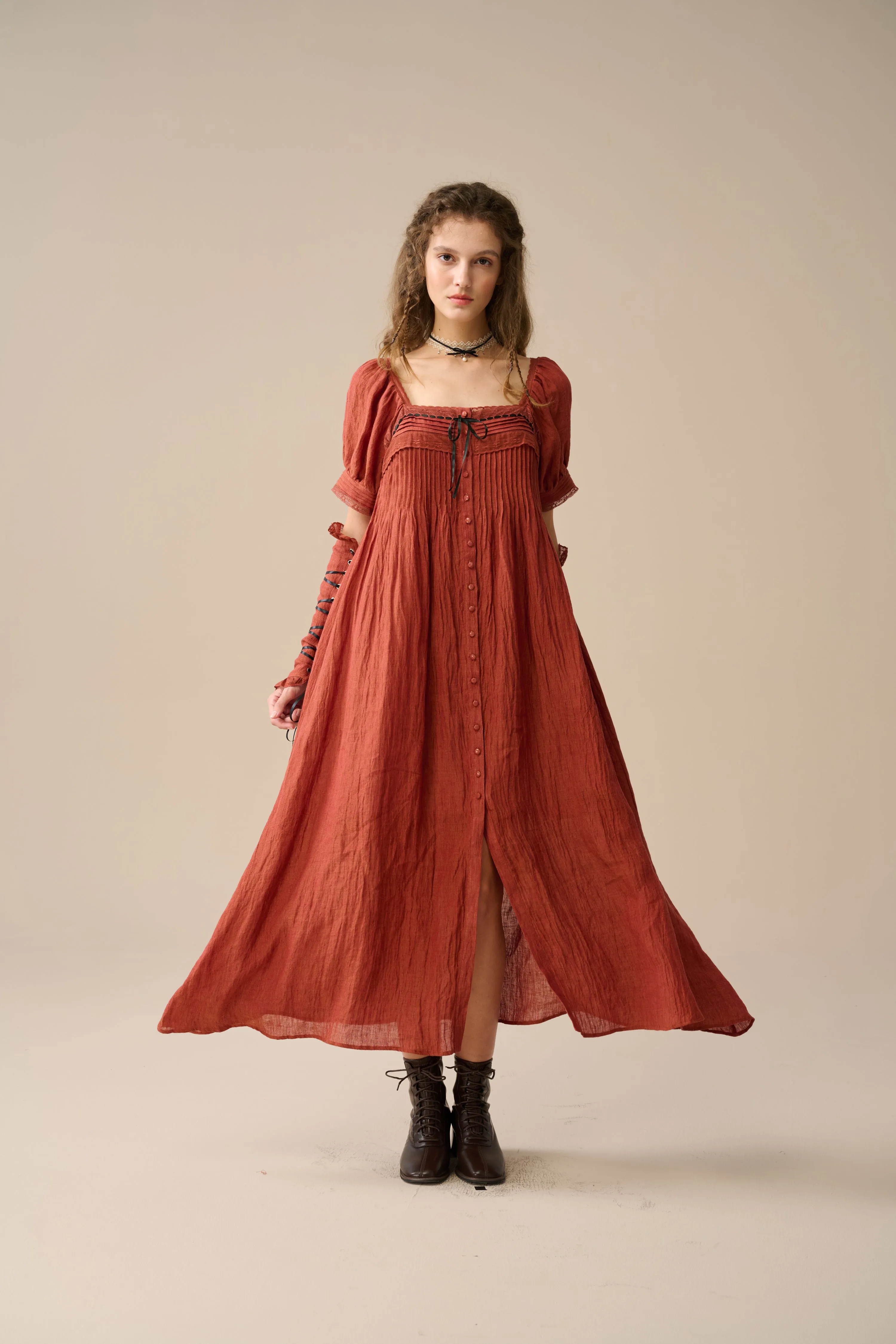 Daphne 26 | Pleated linen dress(with lace-up arm sleeves )