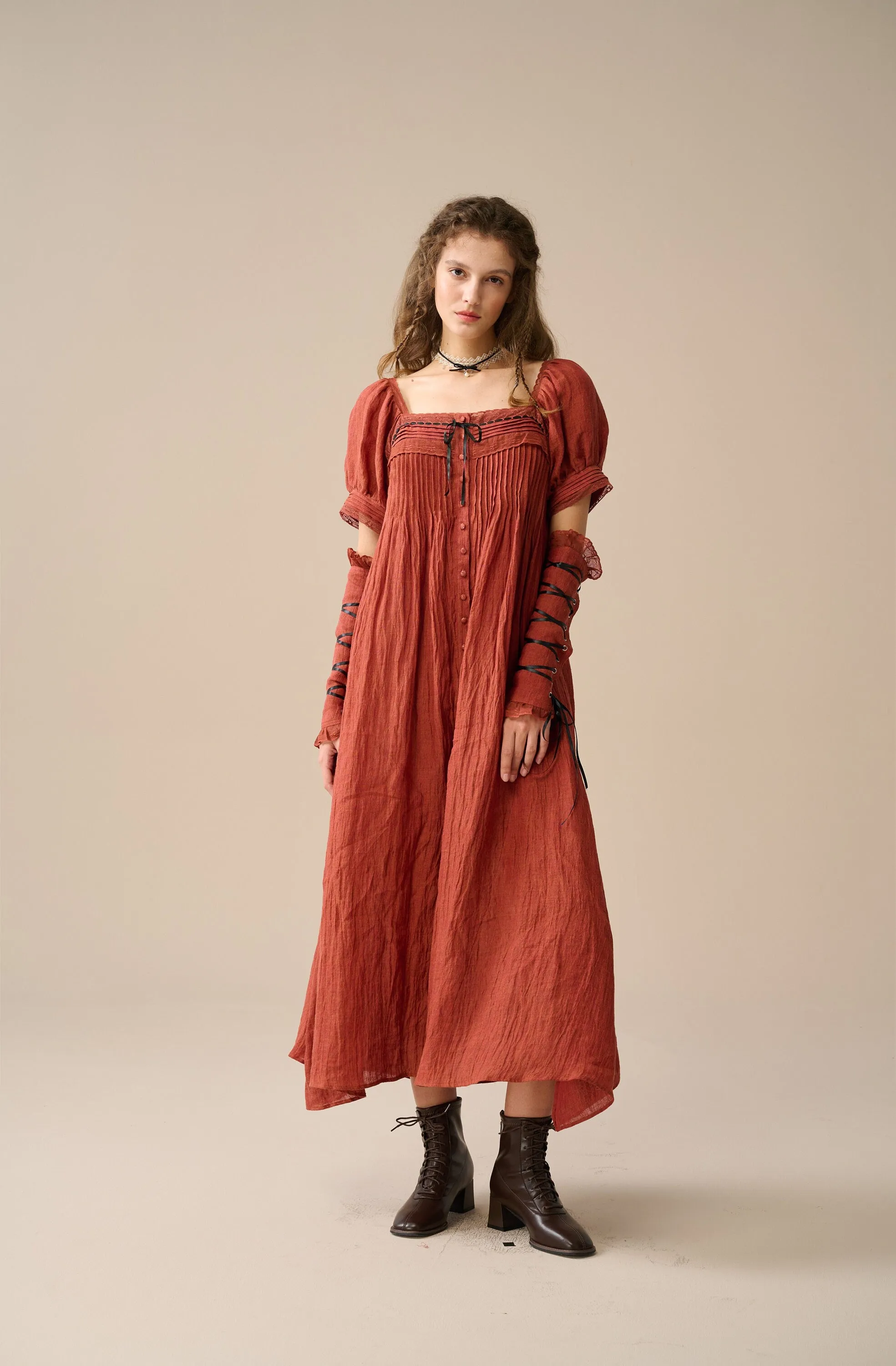 Daphne 26 | Pleated linen dress(with lace-up arm sleeves )