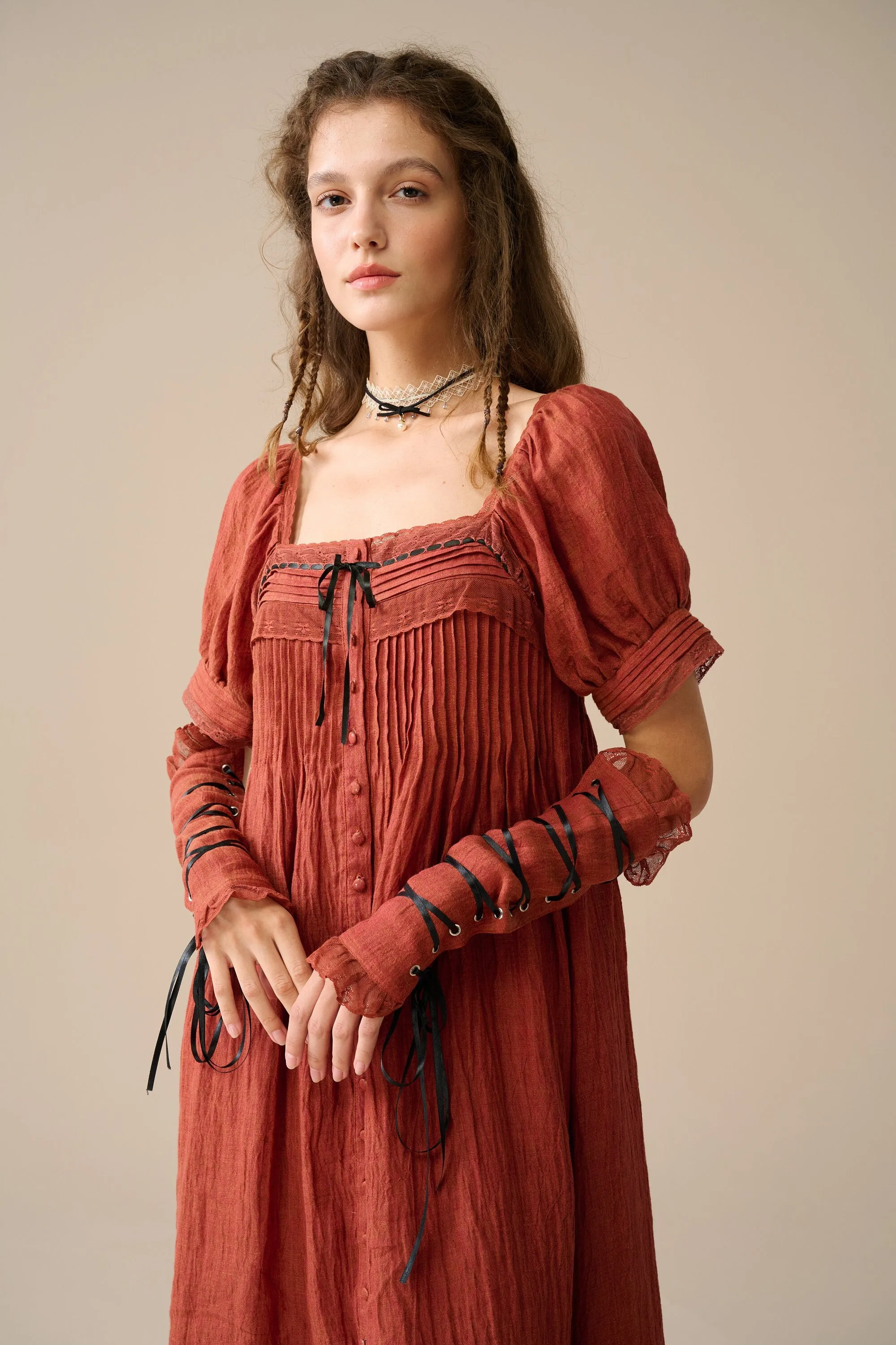 Daphne 26 | Pleated linen dress(with lace-up arm sleeves )