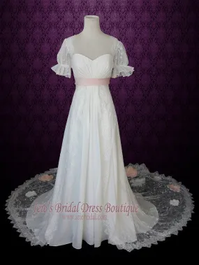 Empire Lace Wedding Dress with Sleeves Pink Sash and Flowers ANTJE