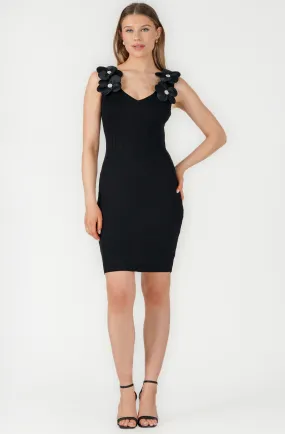 Fitted Knit Dress with Satin 3D Flowers