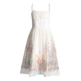 French Style Square Neck Smocked Corset Floral Printed Midi Sundress