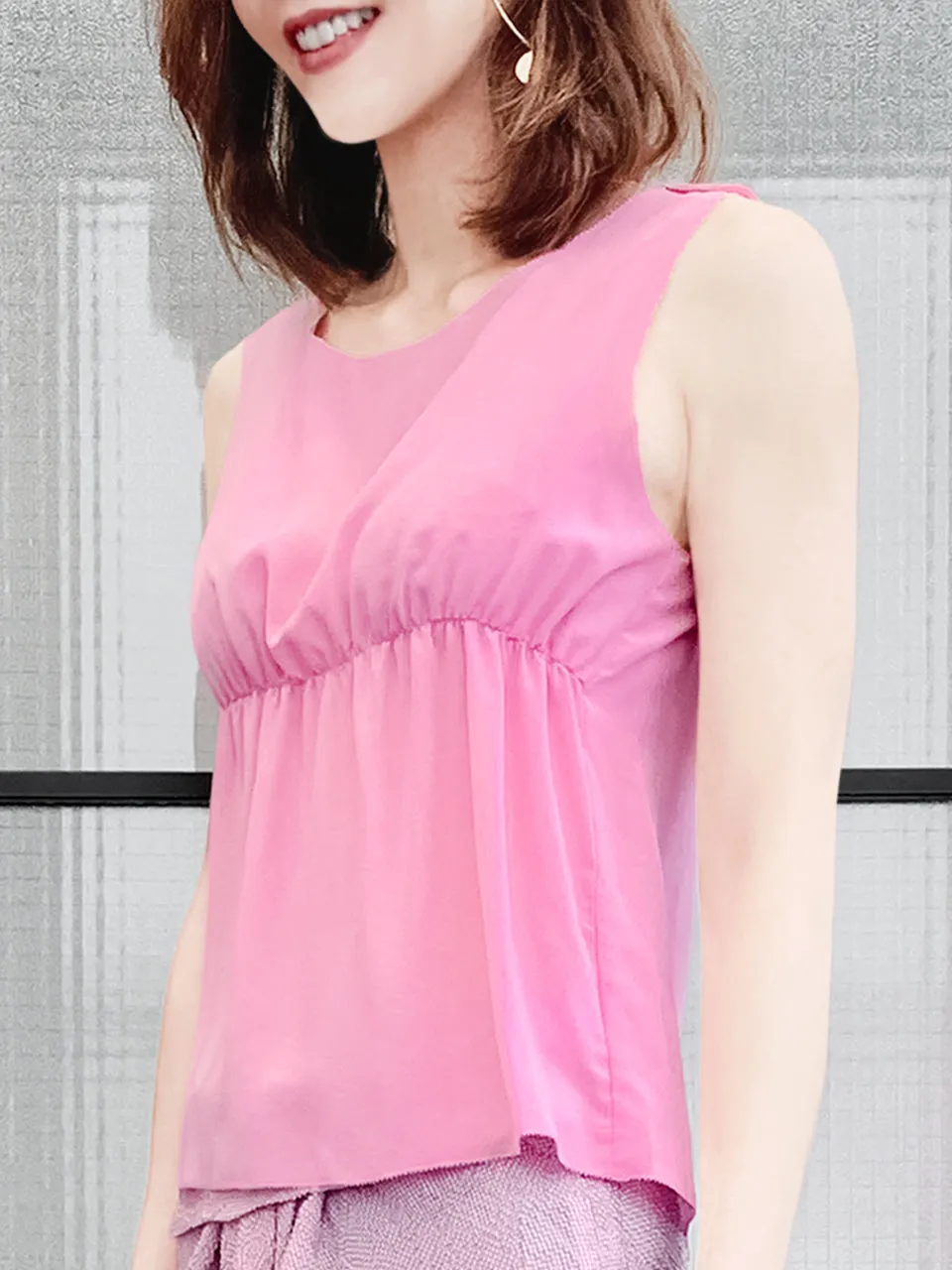 Last Chance! Pink Stitched Trim Empire Waist Silk Tank